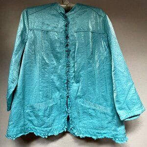 Chico's Women's Size 3 Blue 3/4 Sleeve Coat Jacket Lightweight Lined Ruffle Edge